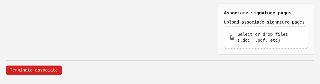 Bottom of an associate's page with the red Terminate associate button