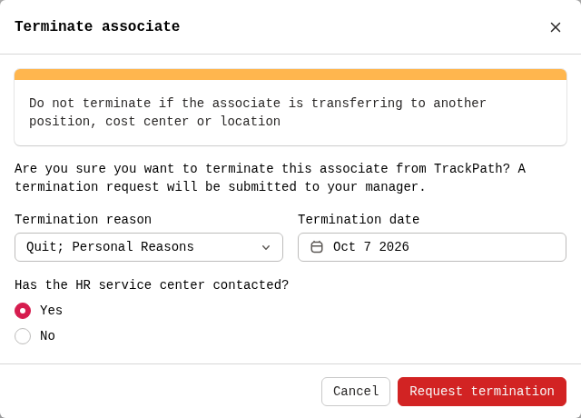 Terminate associate window for a Level 2 user, with the Request termination button