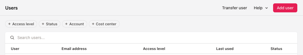 Users page with the Transfer user button at the top
